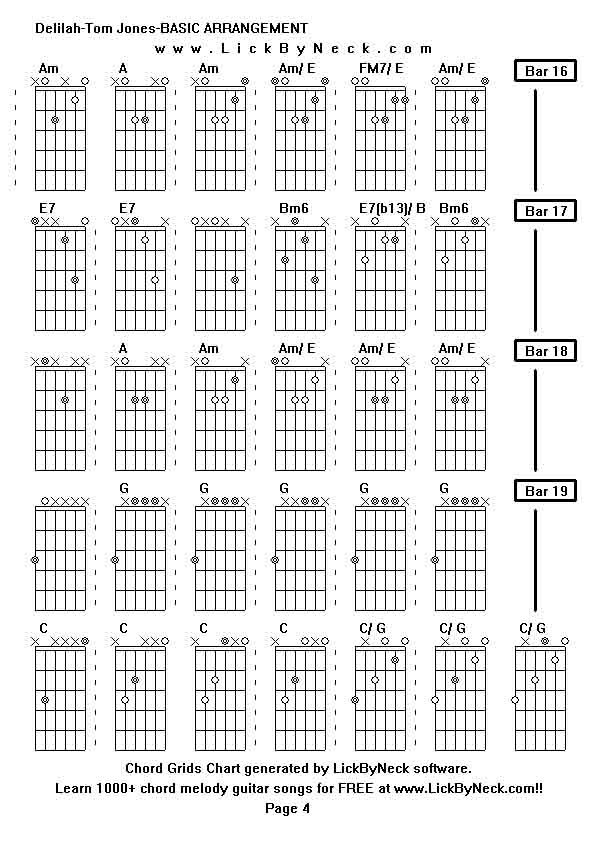 Chord Grids Chart of chord melody fingerstyle guitar song-Delilah-Tom Jones-BASIC ARRANGEMENT,generated by LickByNeck software.